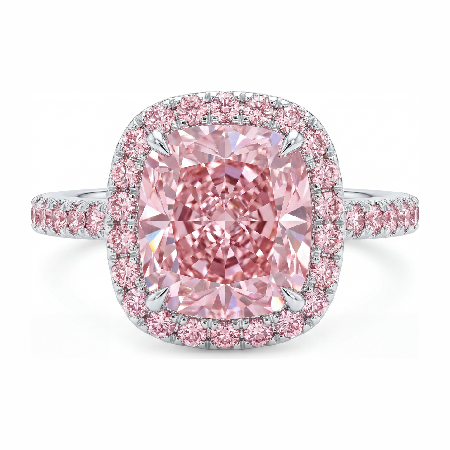 6 Carat Cushion Pink Lab Grown Diamond and White Diamond Halo Ring 14K White Gold