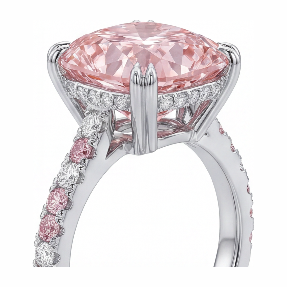 6 Carat Cushion Pink Lab Grown Diamond and White Diamond Pave Ring 14K White Gold