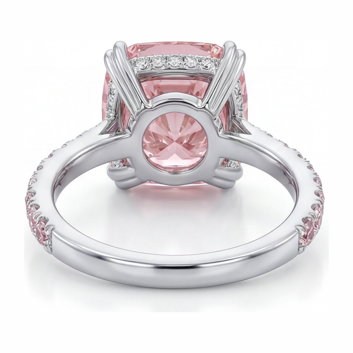 6 Carat Cushion Pink Lab Grown Diamond and White Diamond Pave Ring 14K White Gold
