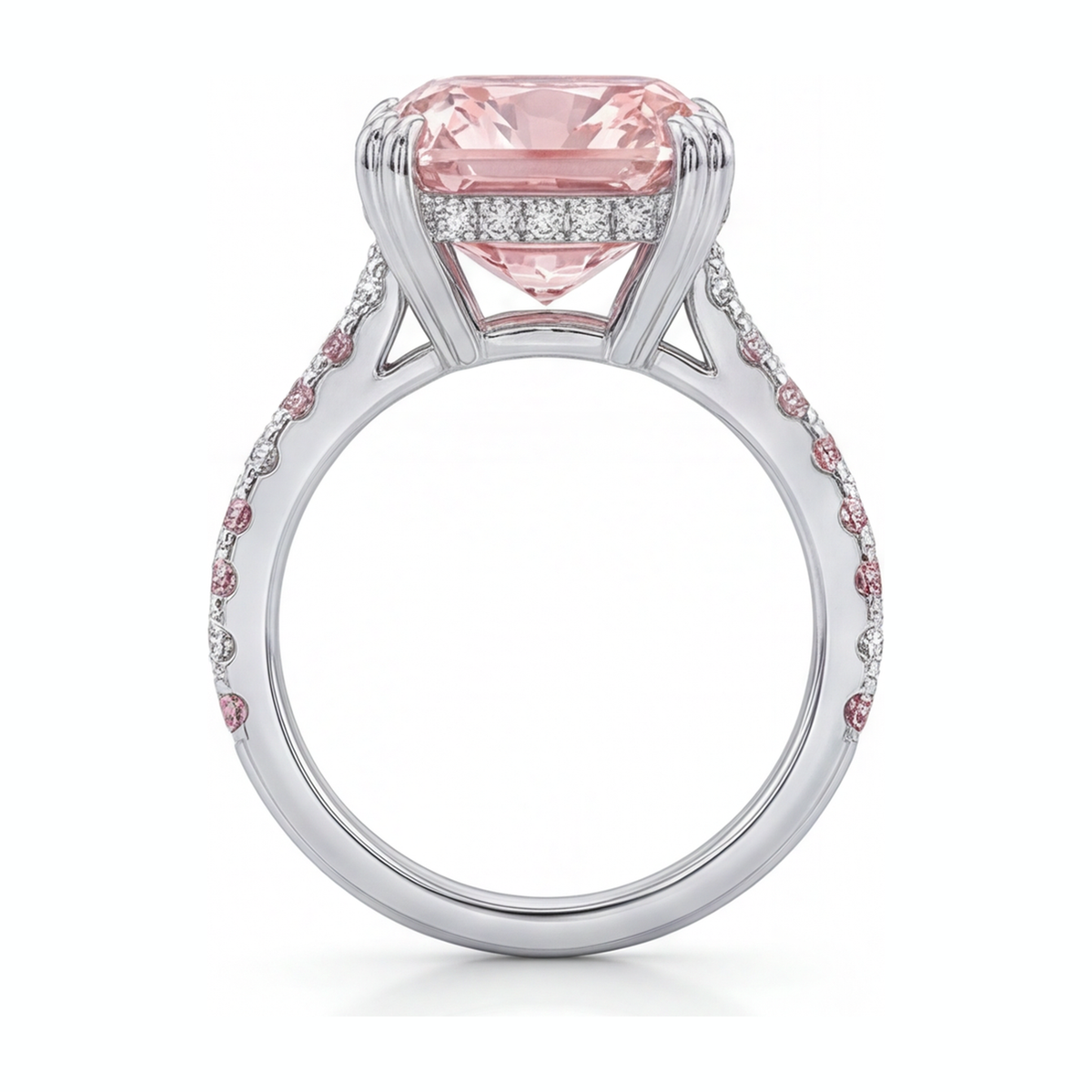 6 Carat Cushion Pink Lab Grown Diamond and White Diamond Pave Ring 14K White Gold