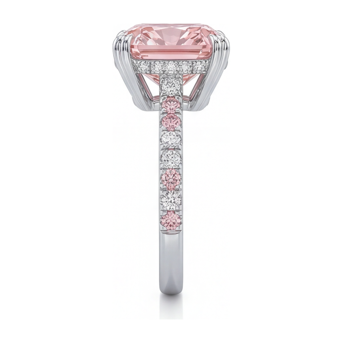 6 Carat Cushion Pink Lab Grown Diamond and White Diamond Pave Ring 14K White Gold