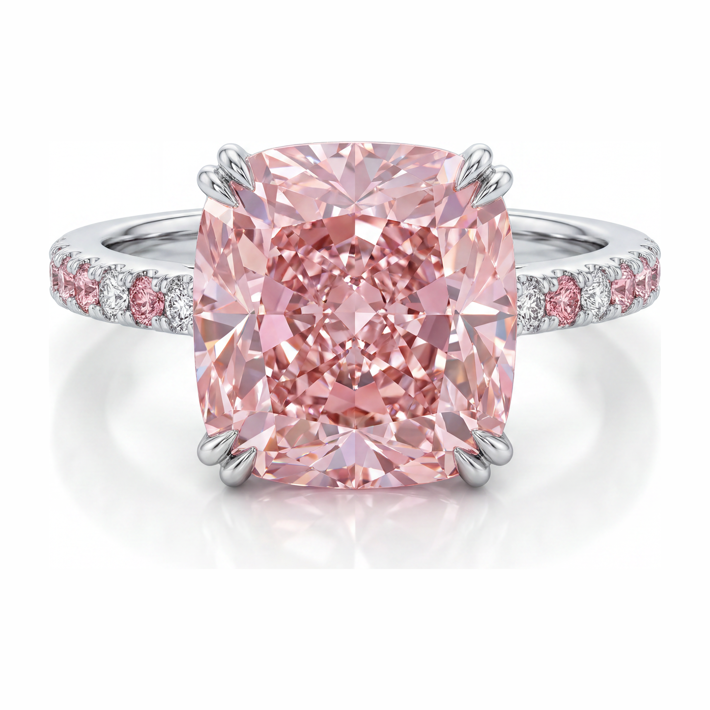 6 Carat Cushion Pink Lab Grown Diamond and White Diamond Pave Ring 14K White Gold