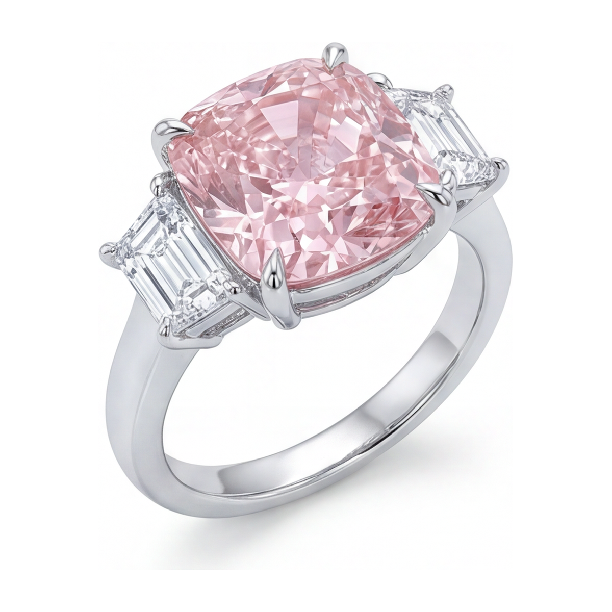 6 Carat Cushion Pink Lab Grown Diamond and White Diamond Three Stone Ring 14K White Gold