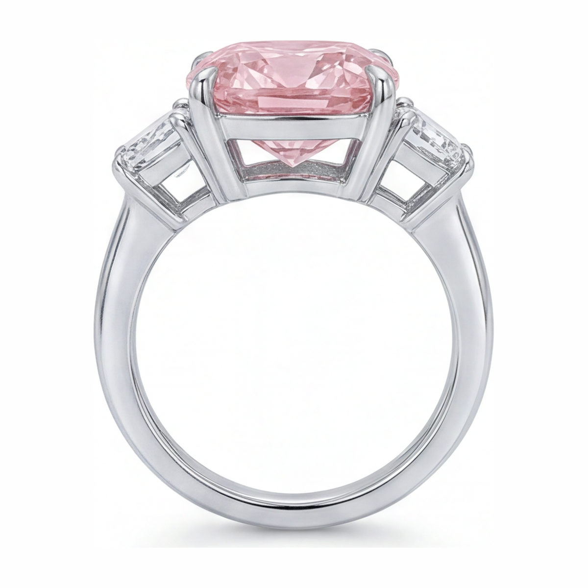 6 Carat Cushion Pink Lab Grown Diamond and White Diamond Three Stone Ring 14K White Gold