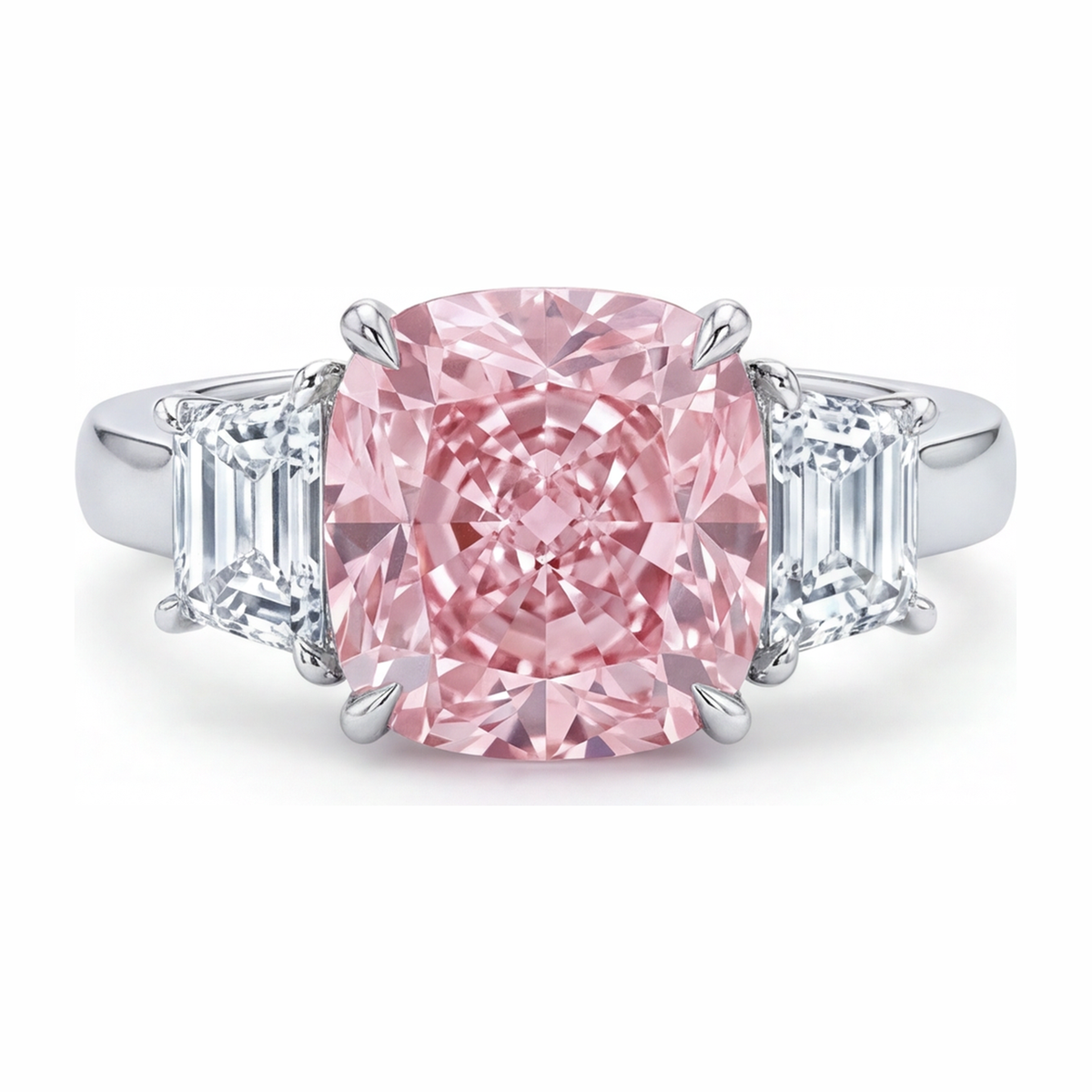 6 Carat Cushion Pink Lab Grown Diamond and White Diamond Three Stone Ring 14K White Gold