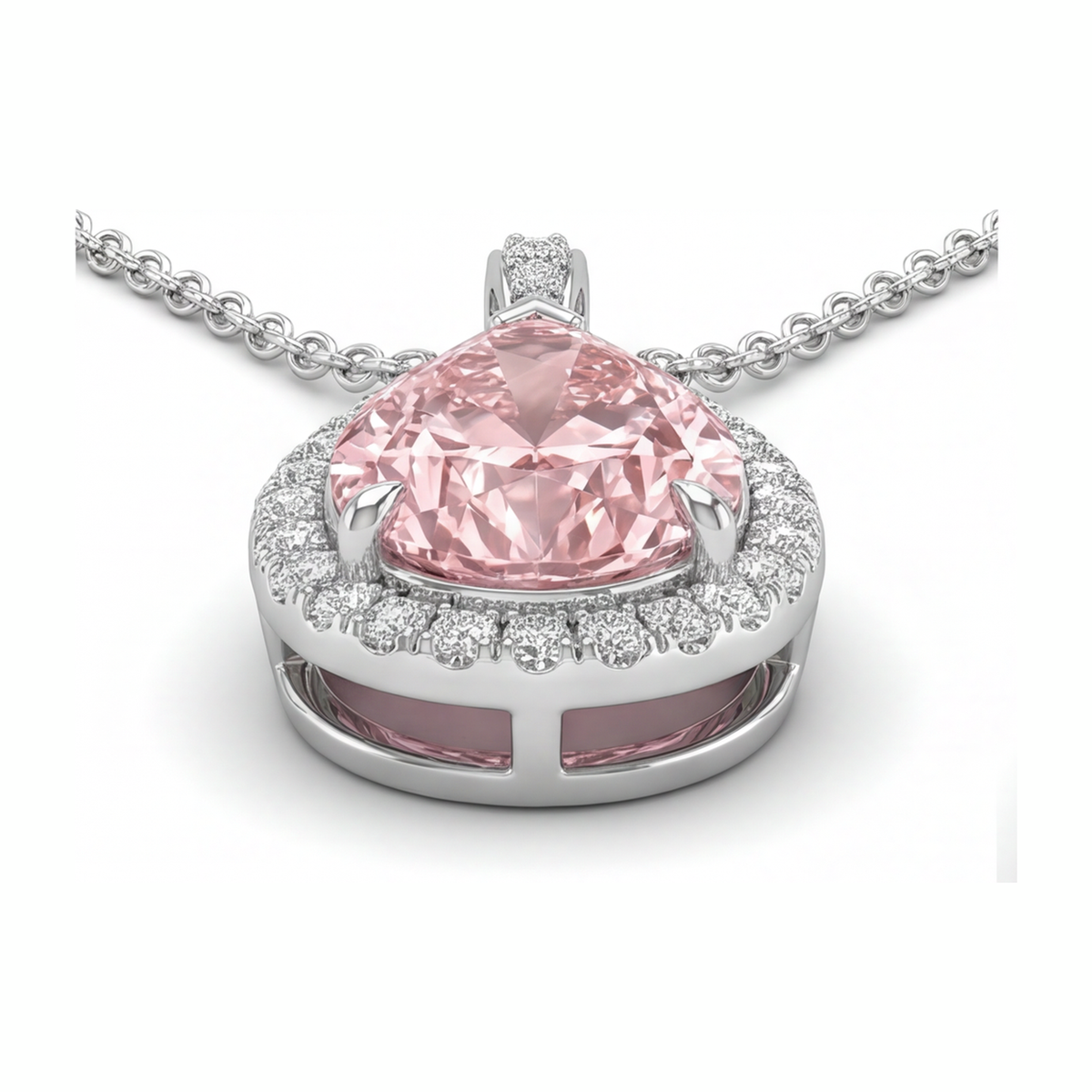 6 Carat Pear Pink Lab Grown Diamond and White Diamond Halo Pendant 14K White Gold