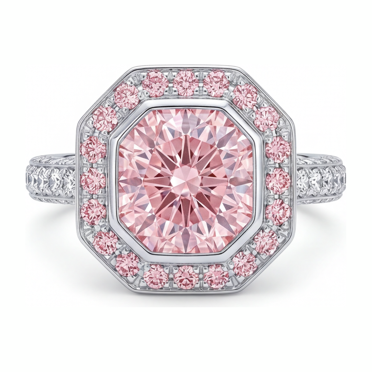 6 Carat Radiant Pink Lab Grown Diamond and White Diamond Halo Ring 14K White Gold