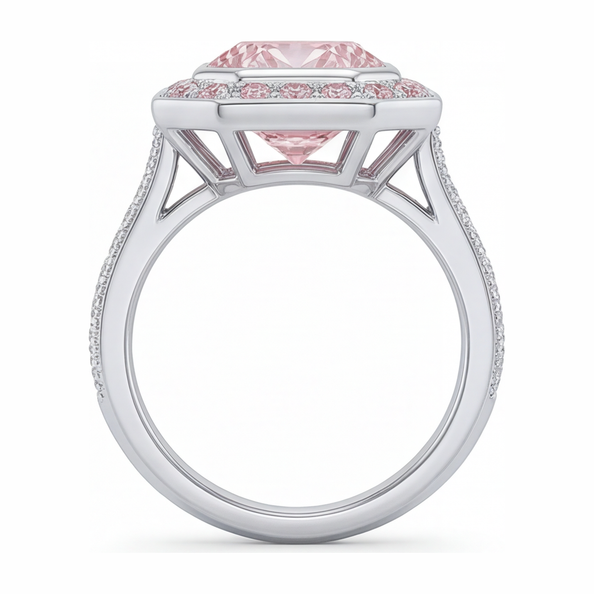 6 Carat Radiant Pink Lab Grown Diamond and White Diamond Halo Ring 14K White Gold