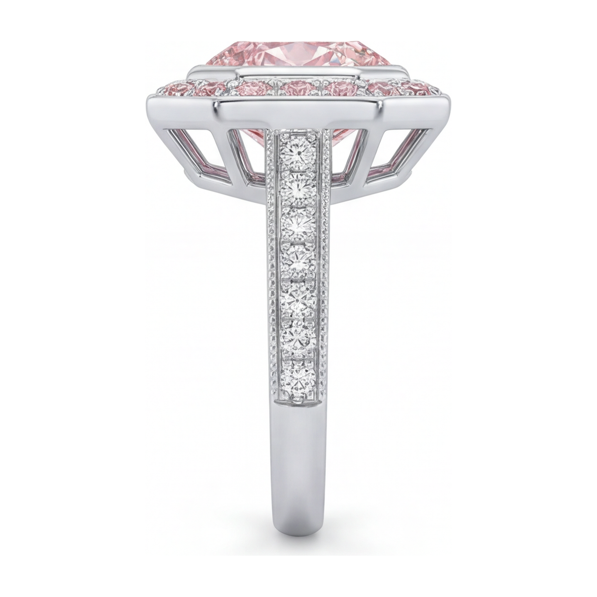 6 Carat Radiant Pink Lab Grown Diamond and White Diamond Halo Ring 14K White Gold