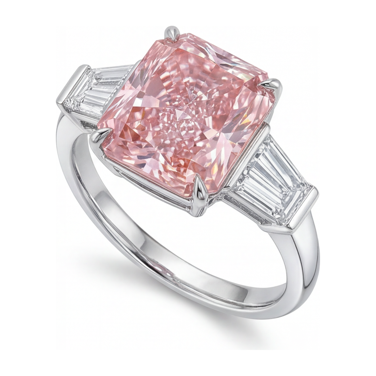 6 Carat Radiant Pink Lab Grown Diamond and White Diamond Three Stone Ring 14K White Gold