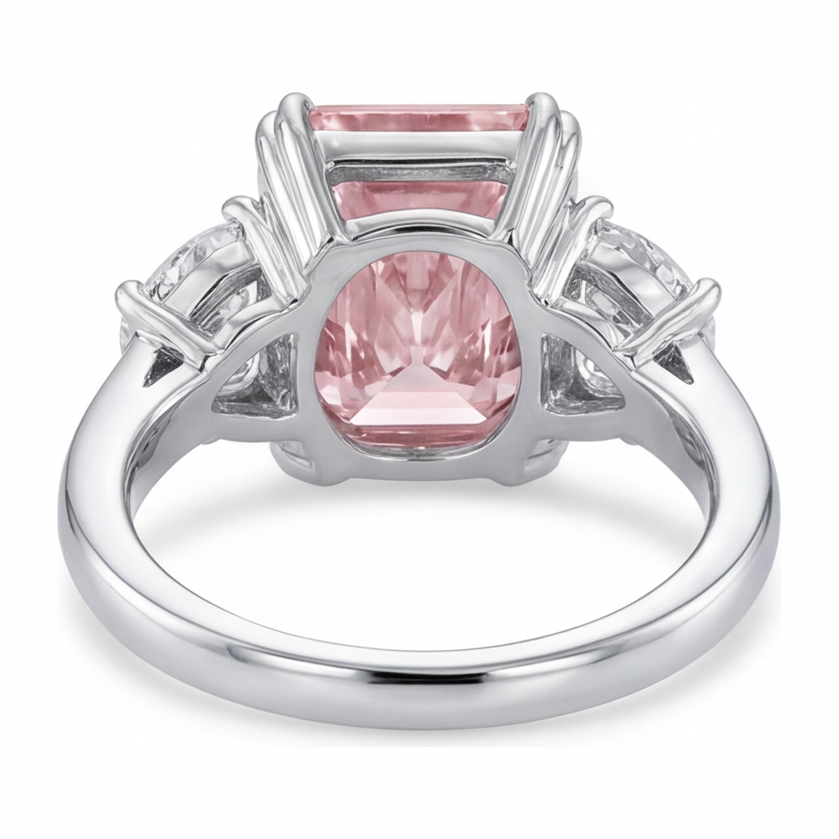6 Carat Radiant Pink Lab Grown Diamond and White Diamond Three Stone Ring 14K White Gold