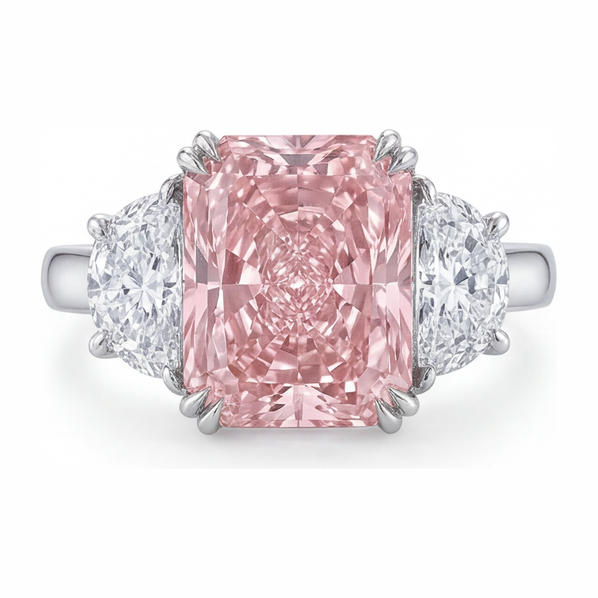 6 Carat Radiant Pink Lab Grown Diamond and White Diamond Three Stone Ring 14K White Gold