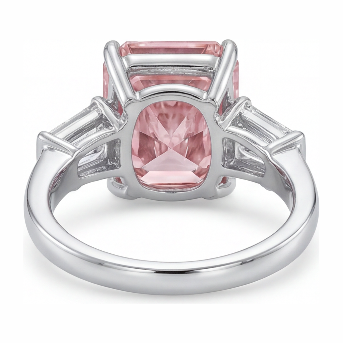 6 Carat Radiant Pink Lab Grown Diamond and White Diamond Three Stone Ring 14K White Gold