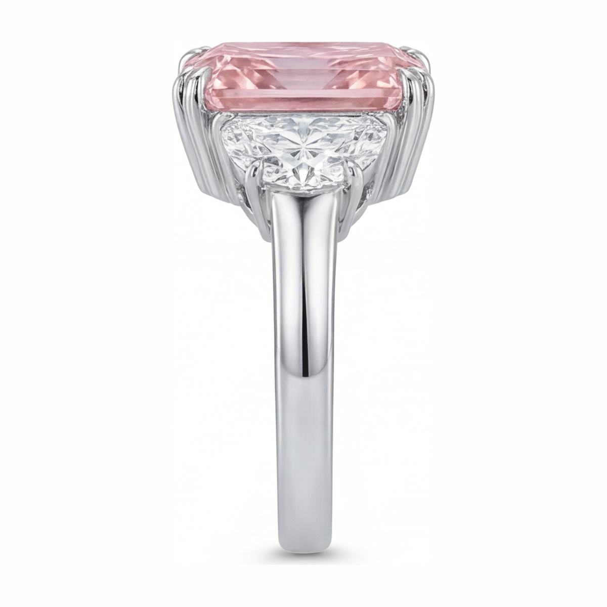 6 Carat Radiant Pink Lab Grown Diamond and White Diamond Three Stone Ring 14K White Gold