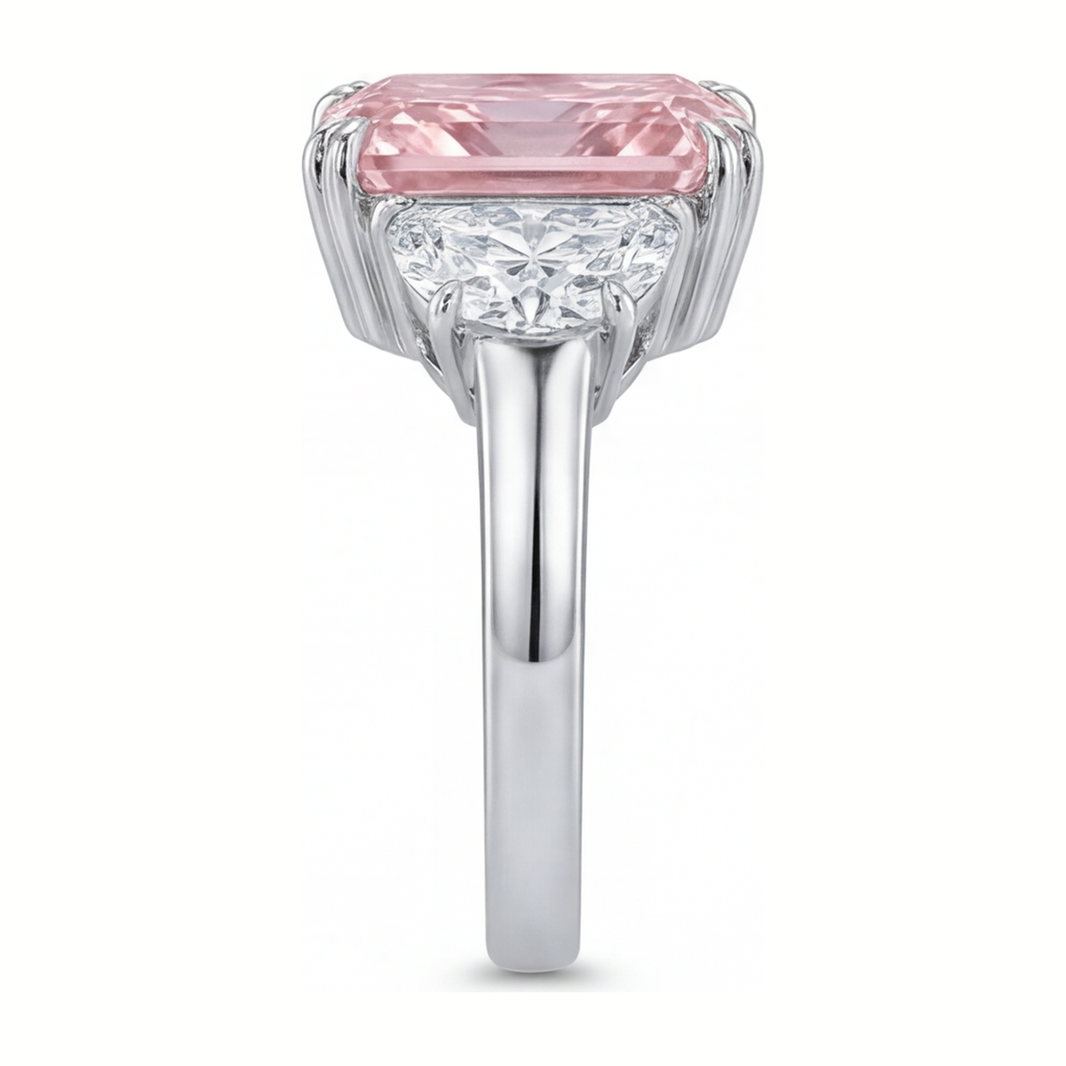 6 Carat Radiant Pink Lab Grown Diamond and White Diamond Three Stone Ring 14K White Gold