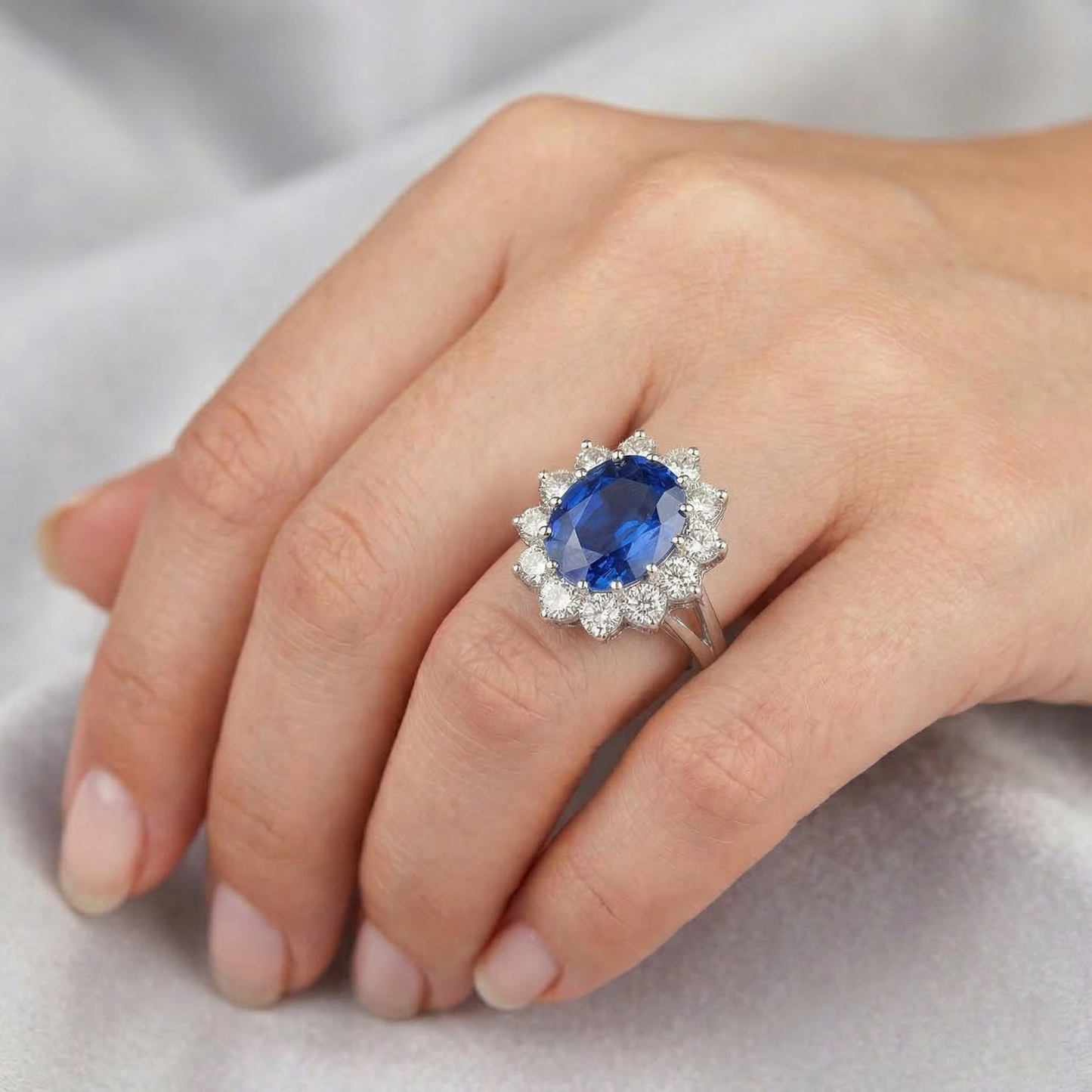6.50 Carat Flower Sri Lankan Sapphire Ring Natural Earth Mined Diamond White Gold 14K
