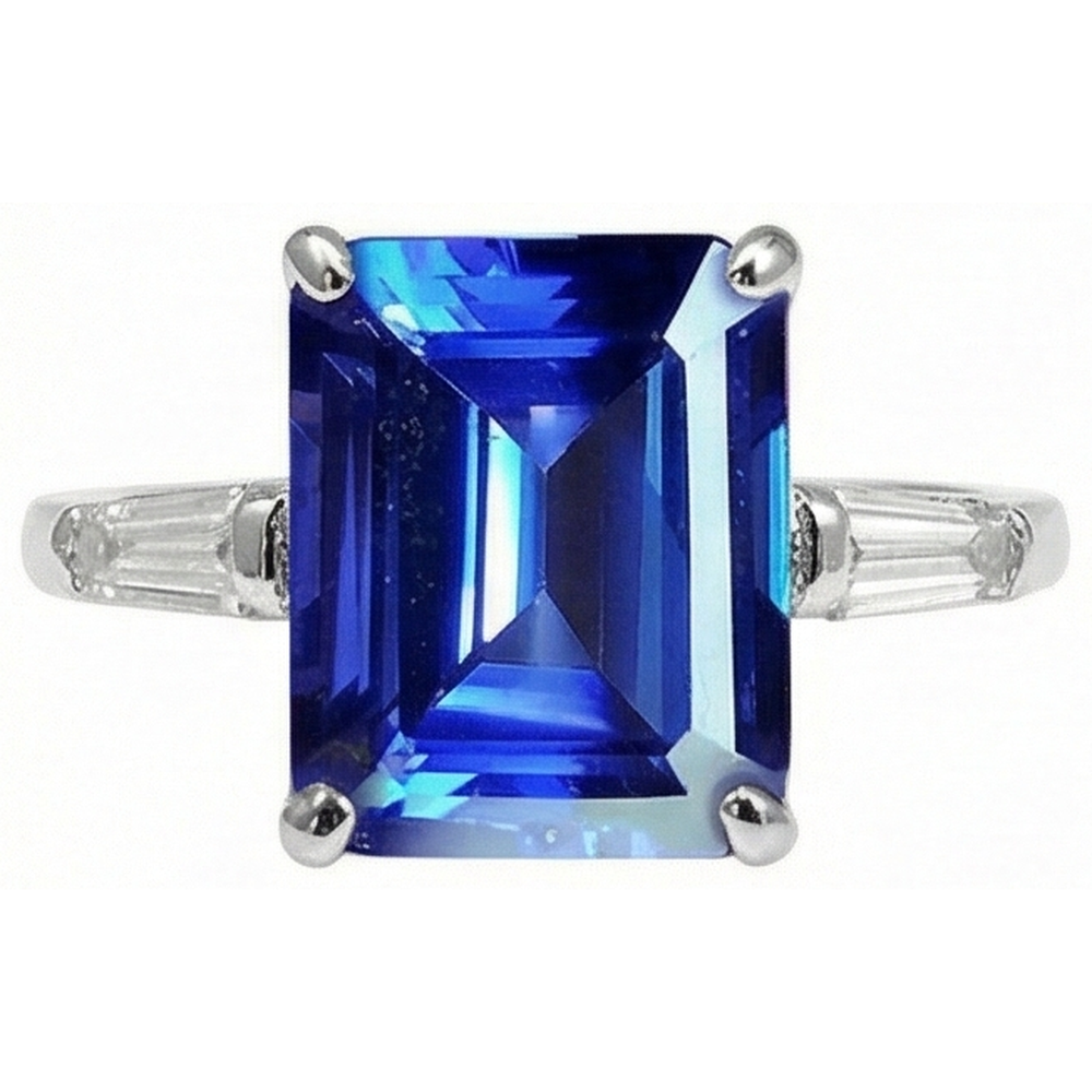 Natural Real ( Not Lab Grown ) 8.30 Carats Emerald Cut Tanzanite & Baguettes Engagement Ring