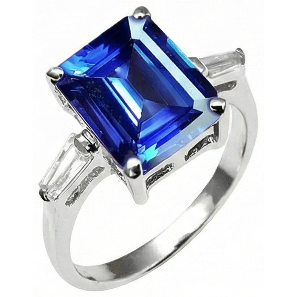 Natural Real ( Not Lab Grown ) 8.30 Carats Emerald Cut Tanzanite & Baguettes Engagement Ring