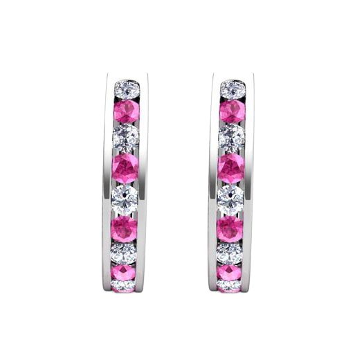 8 Ct Pink Sapphire And Natural Earth Mined Diamond Bezel Set Hoop Earrings 14K
