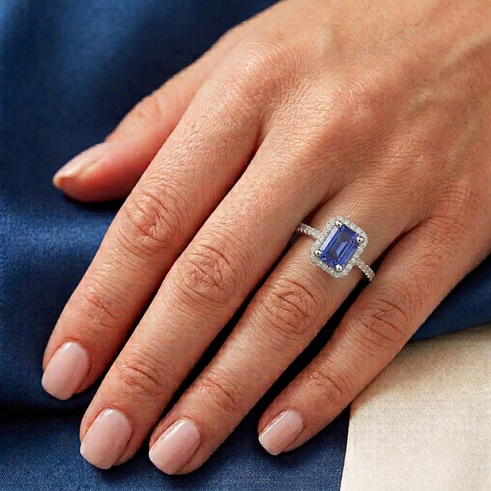 Anniversary Emerald Halo Blue Sapphire & Natural Earth Mined Diamonds Ring 3.50 Carats