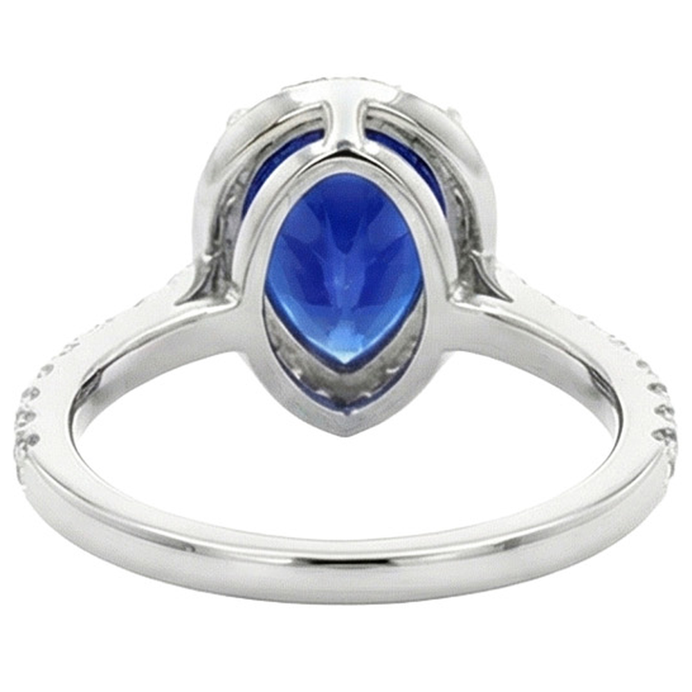 Anniversary Halo Ring Pear Cut Ceylon Sapphire & Natural Earth Mined Diamonds 4.50 Carats