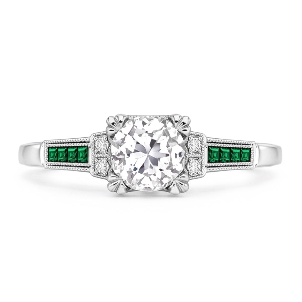 Anniversary Ring Old Cut Round Natural Earth Mined Diamond & Emerald 1.75 Carats