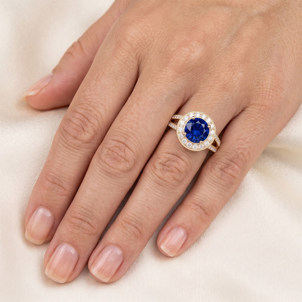 Antique Style Natural Earth Mined Diamond Halo Ring 3 Carats Round Blue Sapphire Jewelry