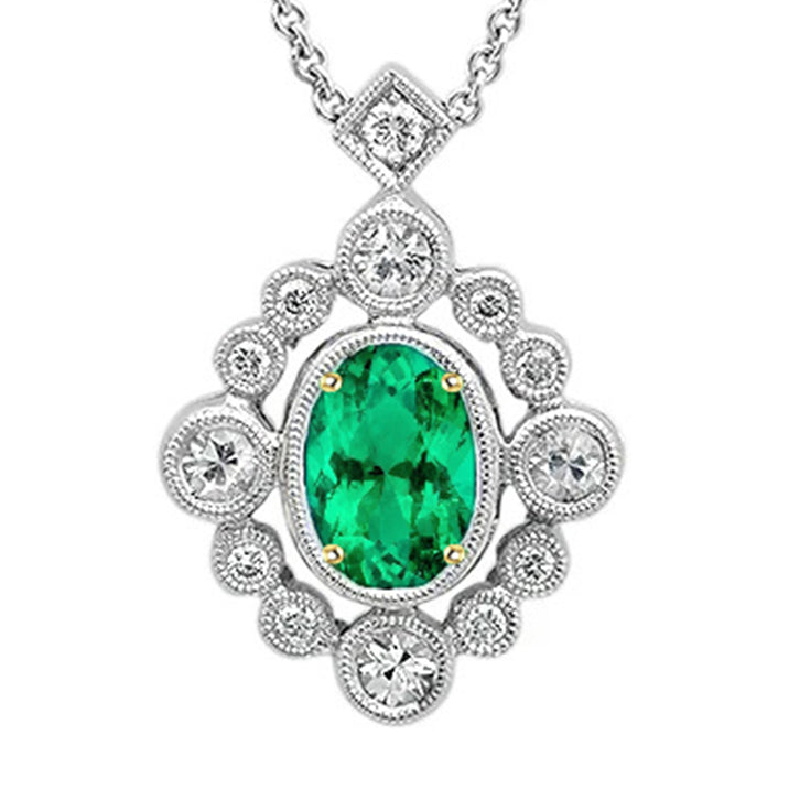 Antique Look Green Emerald Pendant Diamond Necklace