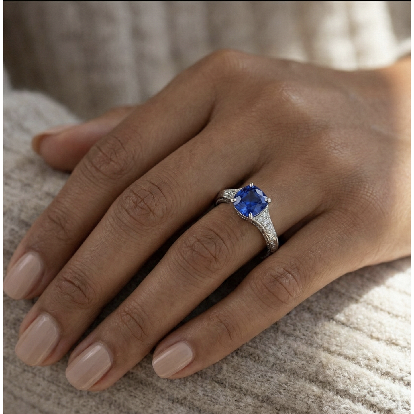 Natural Real ( Not Lab Grown ) Antique Style Gemstone Jewelry Cushion Blue Sapphire Ring 2 Carats