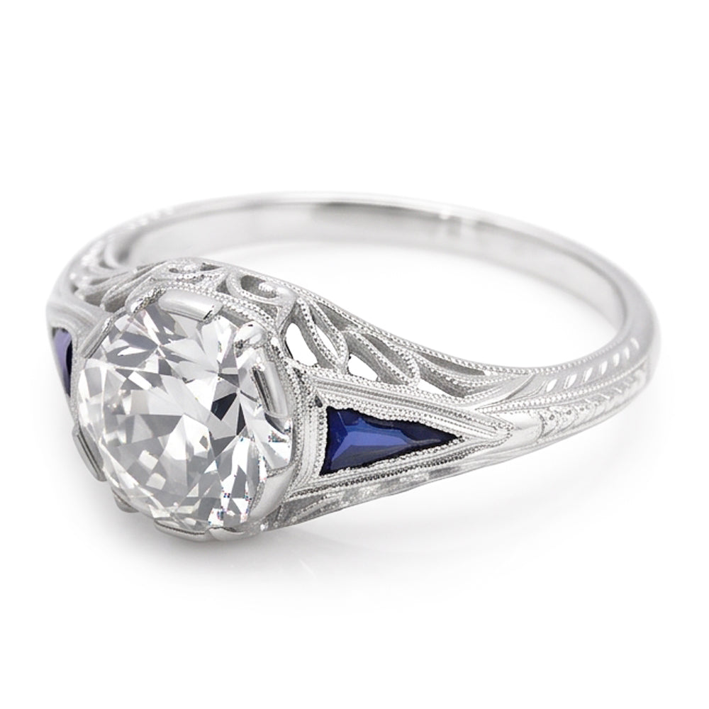 Art Deco Jewelry New Round Old Cut & Sapphire Three Stone Ring