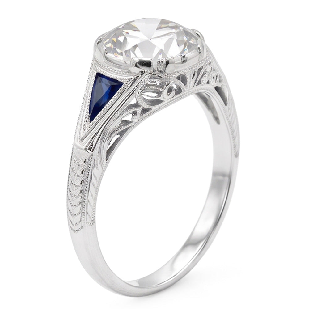 Art Deco Jewelry New Round Old Cut & Sapphire Three Stone Ring