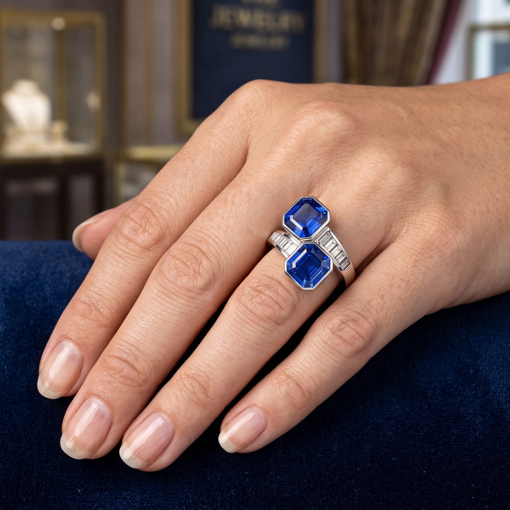 Baguette Natural Earth Mined Diamond Asscher Sapphire Ring Bezel & Channel Set 4.50 Carats