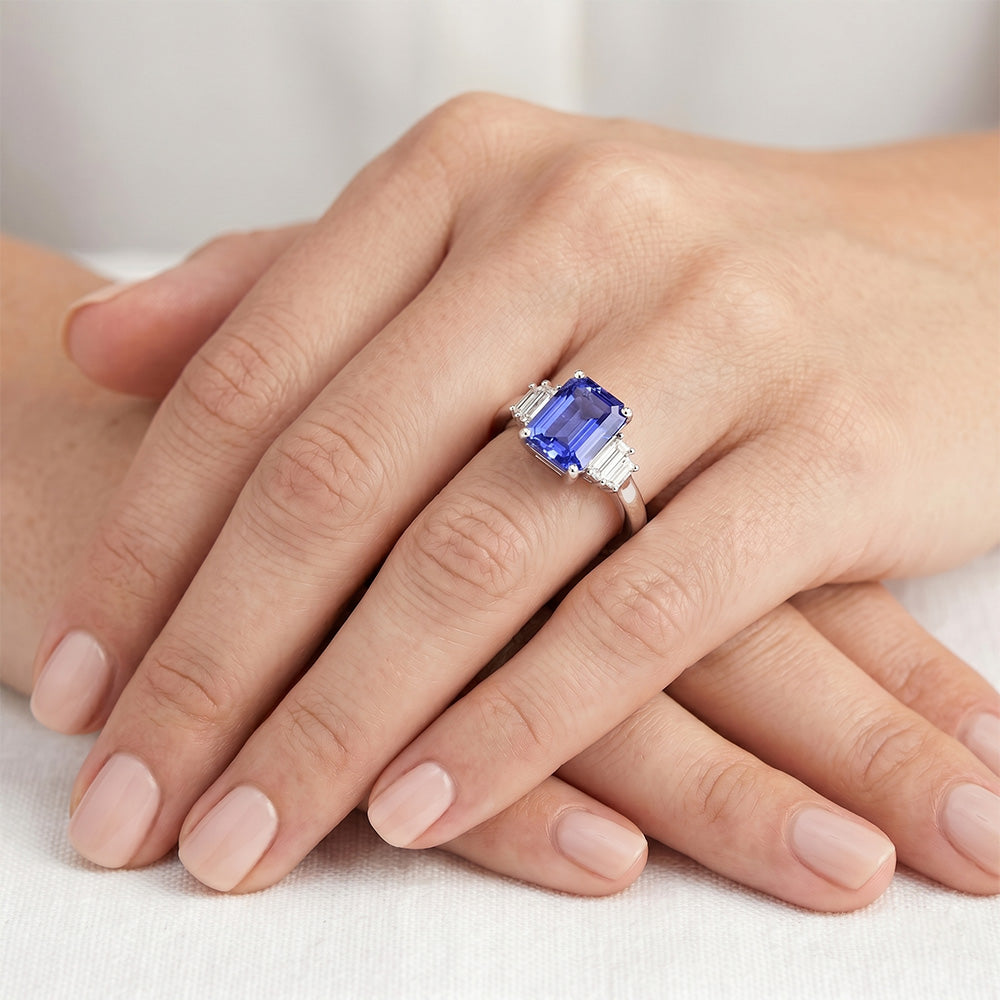 Baguette Natural Earth Mined Diamond Ring Ceylon Sapphire Jewelry 2.50 Carats 4 Prong Set