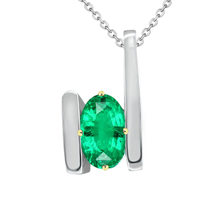 Bar Style Casual Ladies Pendant Green Emerald Oval Cut With 16” Chain