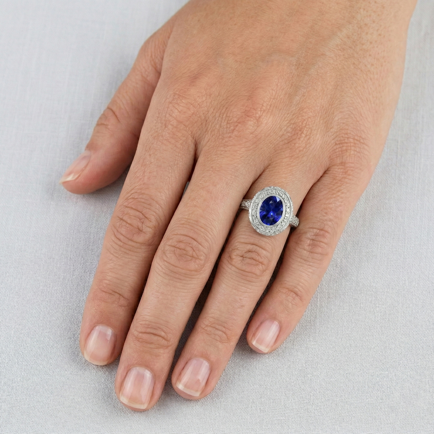 Bezel Set 3.40 Ct Halo Ceylon Sapphire And Natural Earth Mined Diamonds Ring