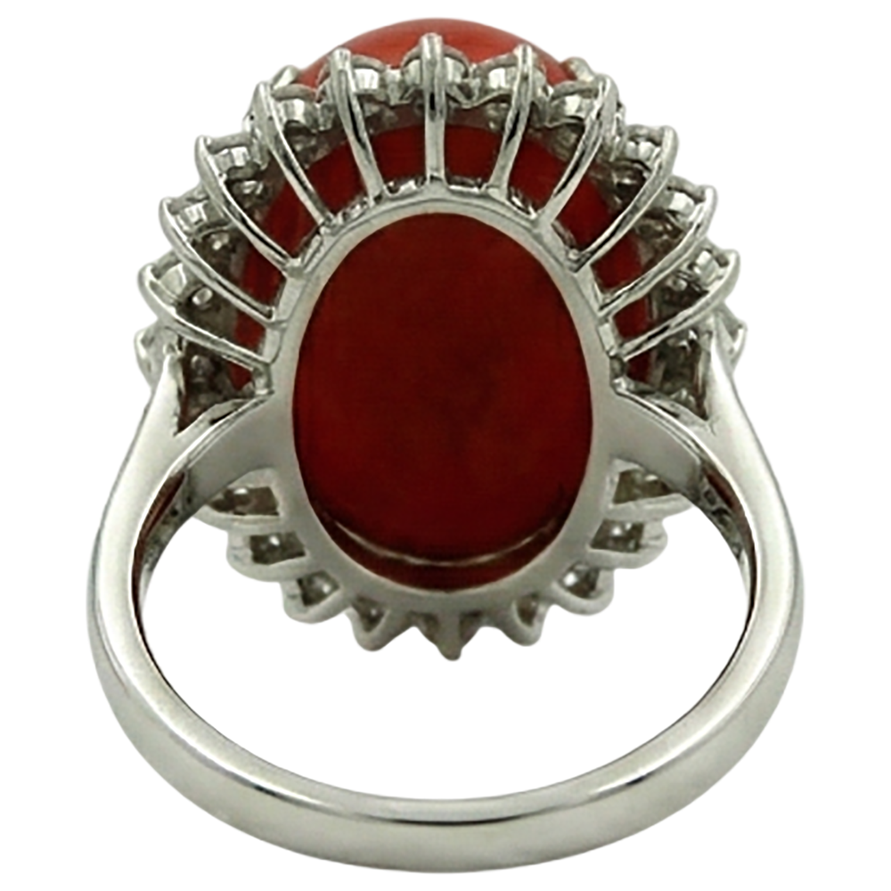 Big Oval Red Coral With Small Round Natural Earth Mined Diamonds 13 Ct Ring White Gold 14K
