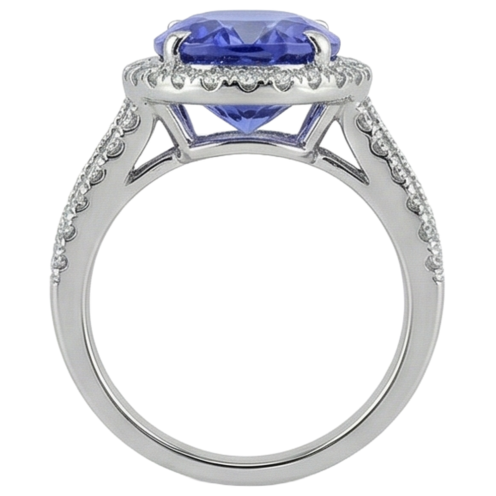 Big Oval Tanzanite With Small Round Natural Earth Mined Diamonds 6.70 Ct Ring Gold 14K