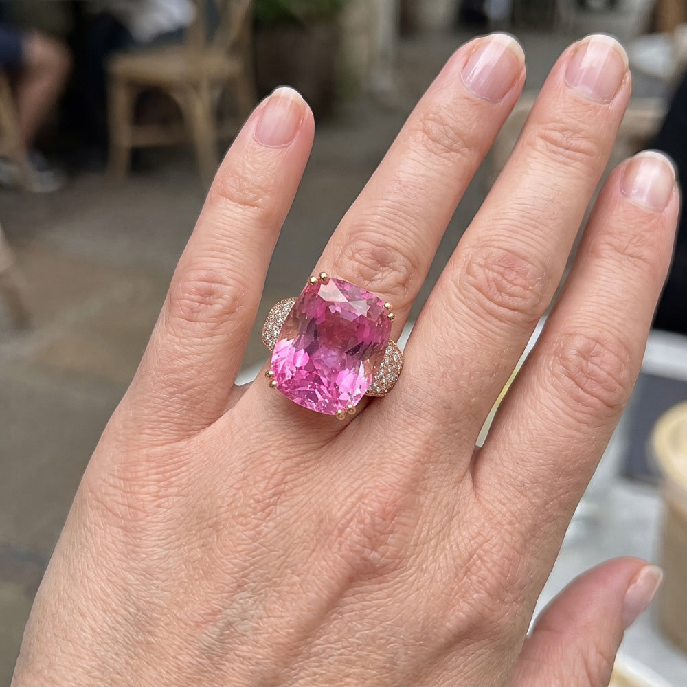 Big Pink Kunzite With Small Natural Earth Mined Diamonds 18.85 Ct Ring Rose Gold 14K
