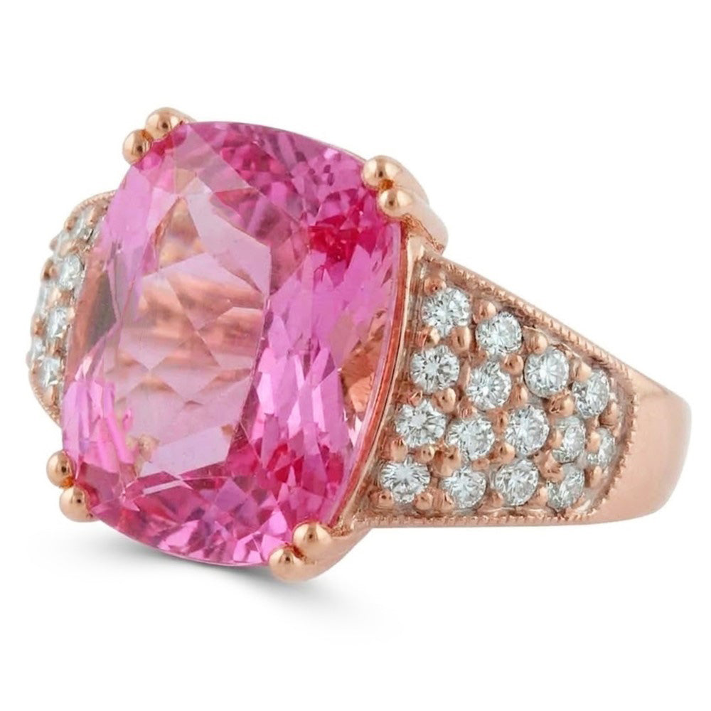 Big Pink Kunzite With Small Natural Earth Mined Diamonds 18.85 Ct Ring Rose Gold 14K