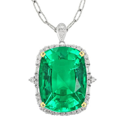 Big Cushion Green Emerald Halo Pendant