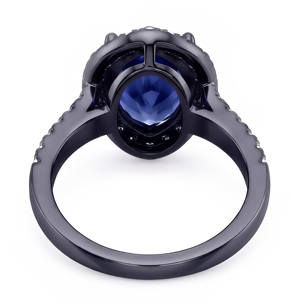Black Gold Halo Pear Shaped Ring Blue Sapphire & Natural Earth Mined Diamonds 4 Carats