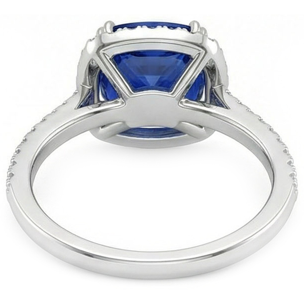 Blue Cushion Cut Sapphire Halo Natural Earth Mined Diamond Wedding Ring 3.5 Ct Gold 14K
