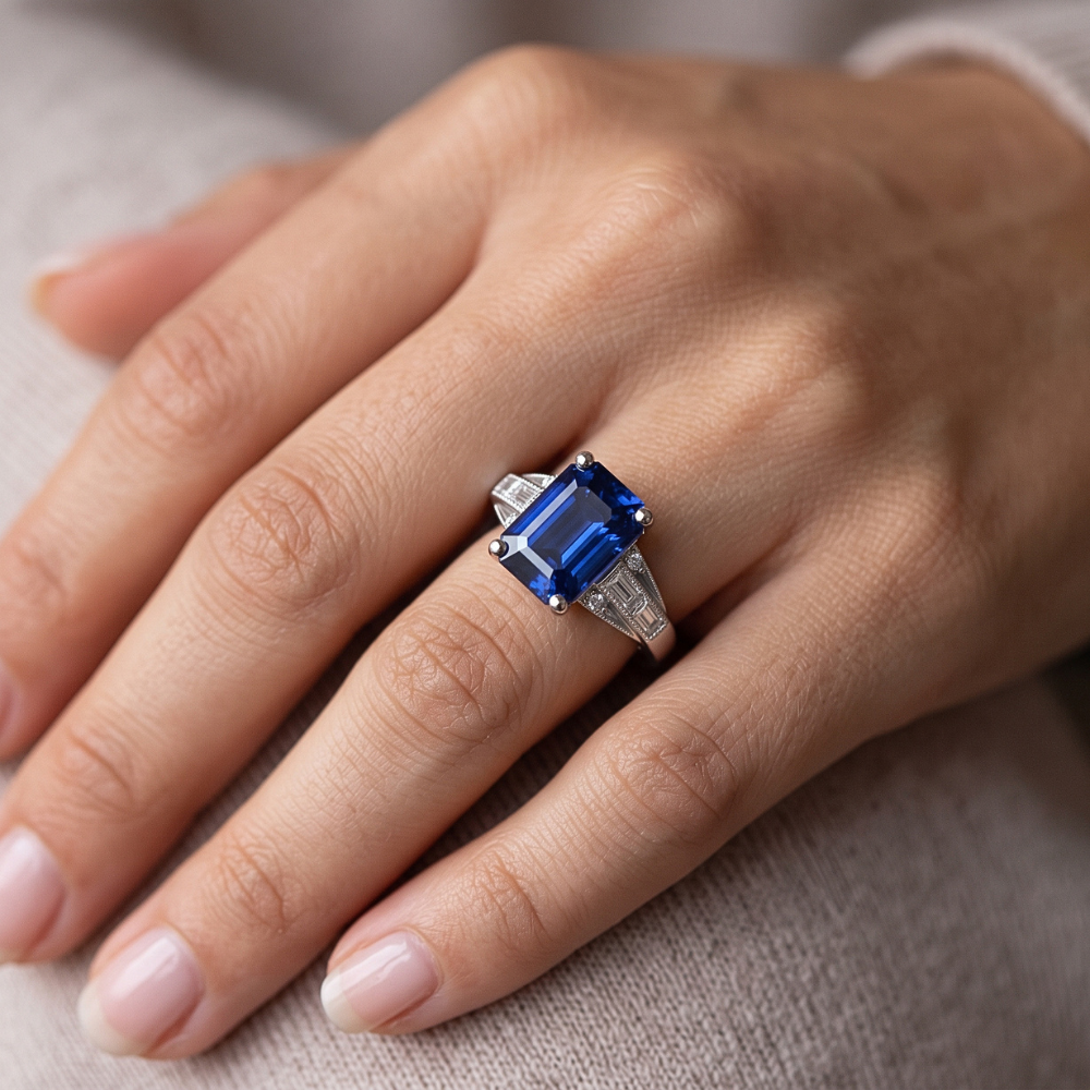 Blue Emerald Sapphire Ring Baguette & Round Natural Earth Mined Diamond 4 Carats