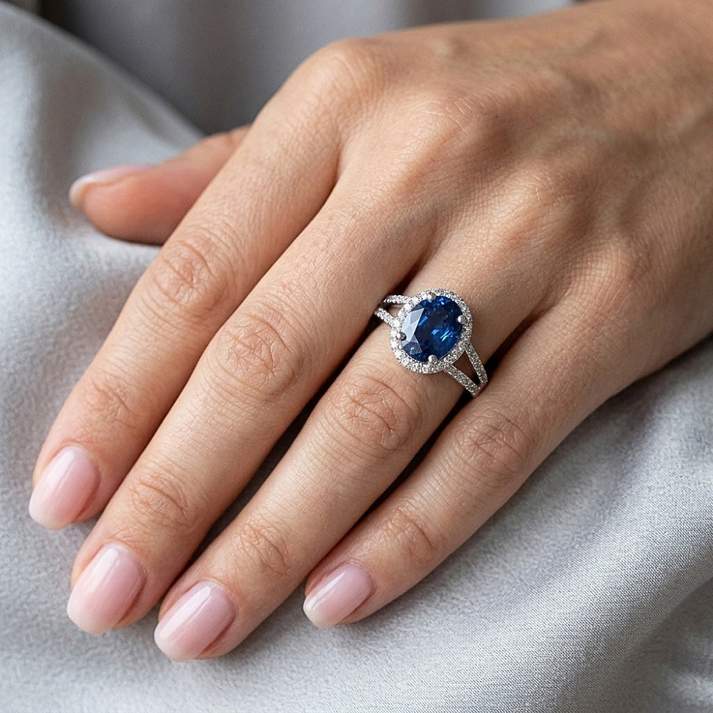 Blue Oval Sapphire Ring With Accents Natural Earth Mined Diamond White Gold 14K 3.50 Ct