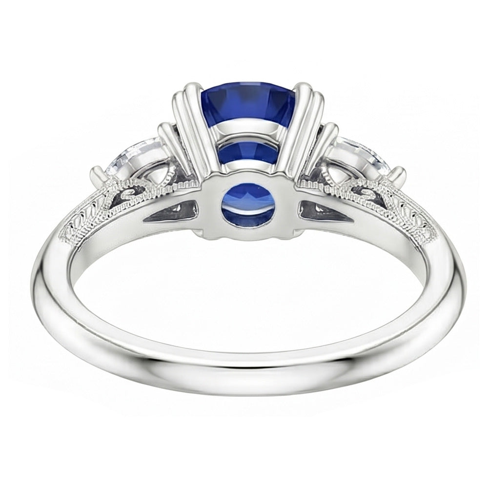 Blue Sapphire 3 Stone Round Sapphire Ring 1.50 Carats Pear Natural Earth Mined Diamonds