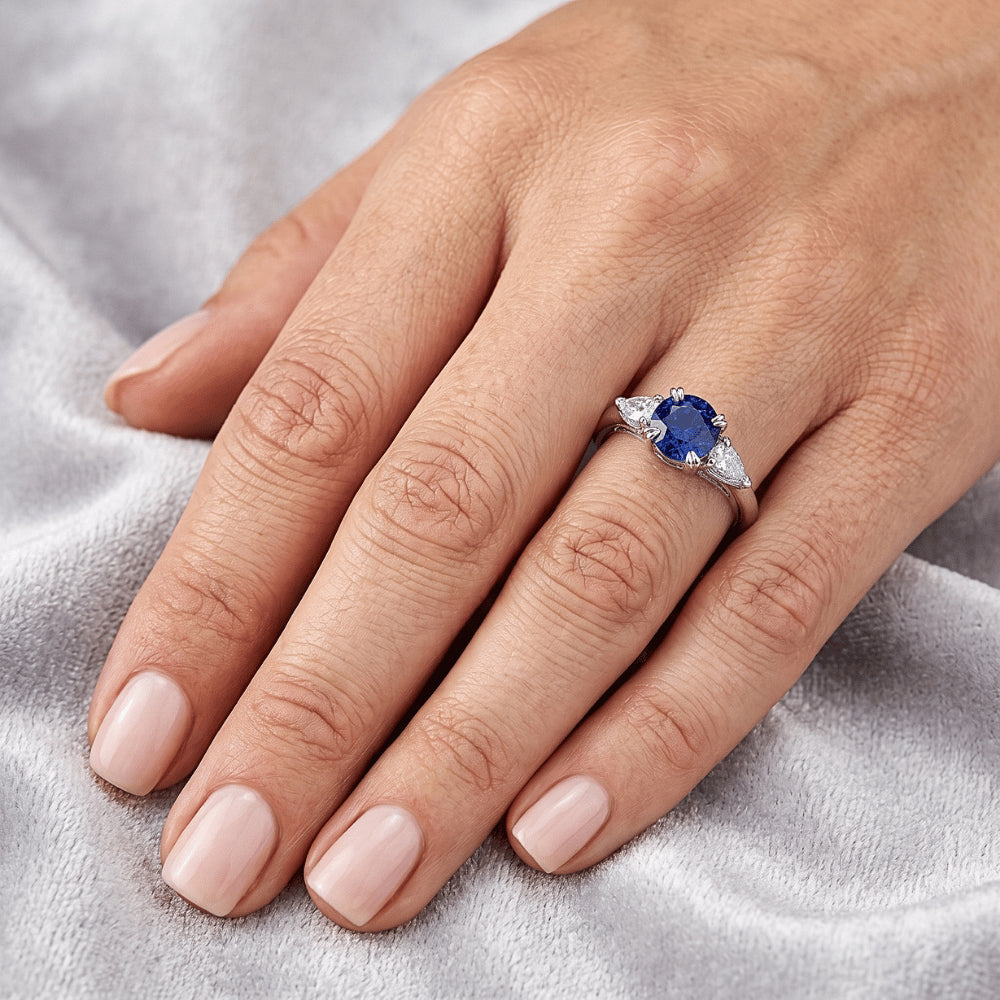 Blue Sapphire 3 Stone Round Sapphire Ring 1.50 Carats Pear Natural Earth Mined Diamonds
