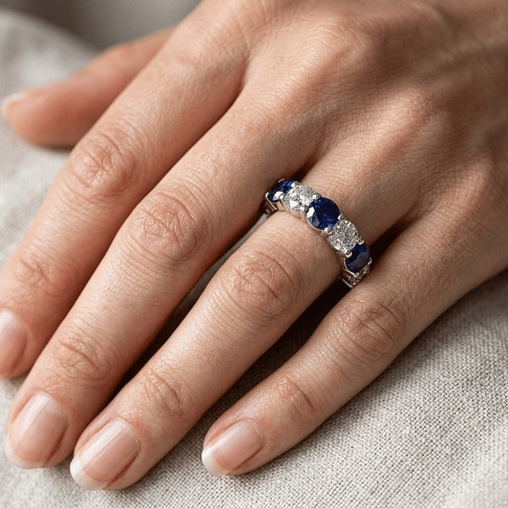 Blue Sapphire And Earth Mined Natural Diamond Gemstone Womens Band