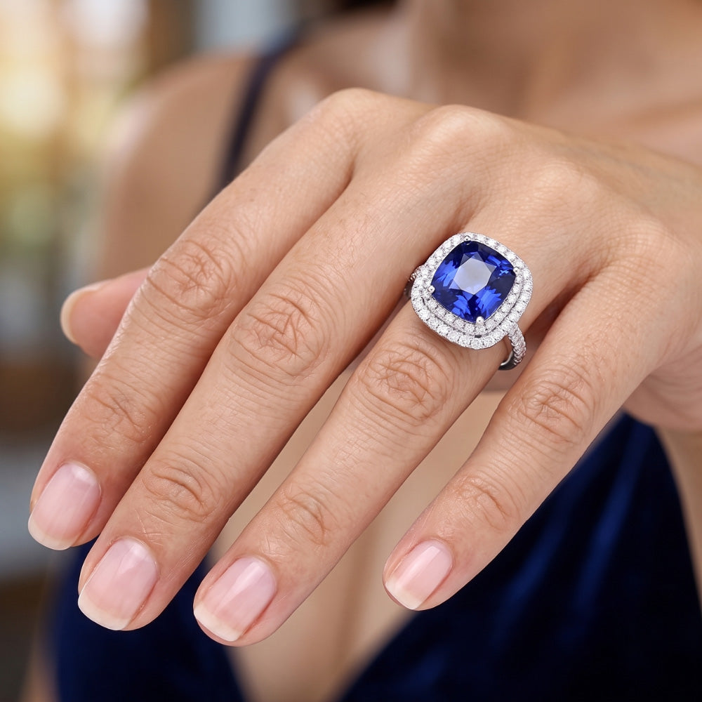 Blue Sapphire Double Halo Ring Gold 14K Natural Earth Mined Diamond Jewelry 5 Carats