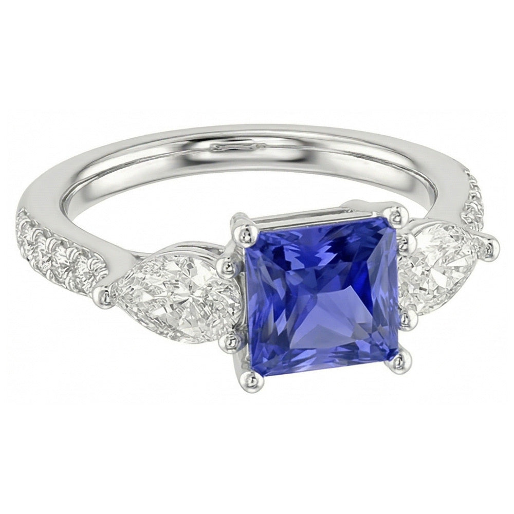 Blue Sapphire Gemstone Radiant Cut Ring Pear & Round Natural Earth Mined Diamonds 3 Carats