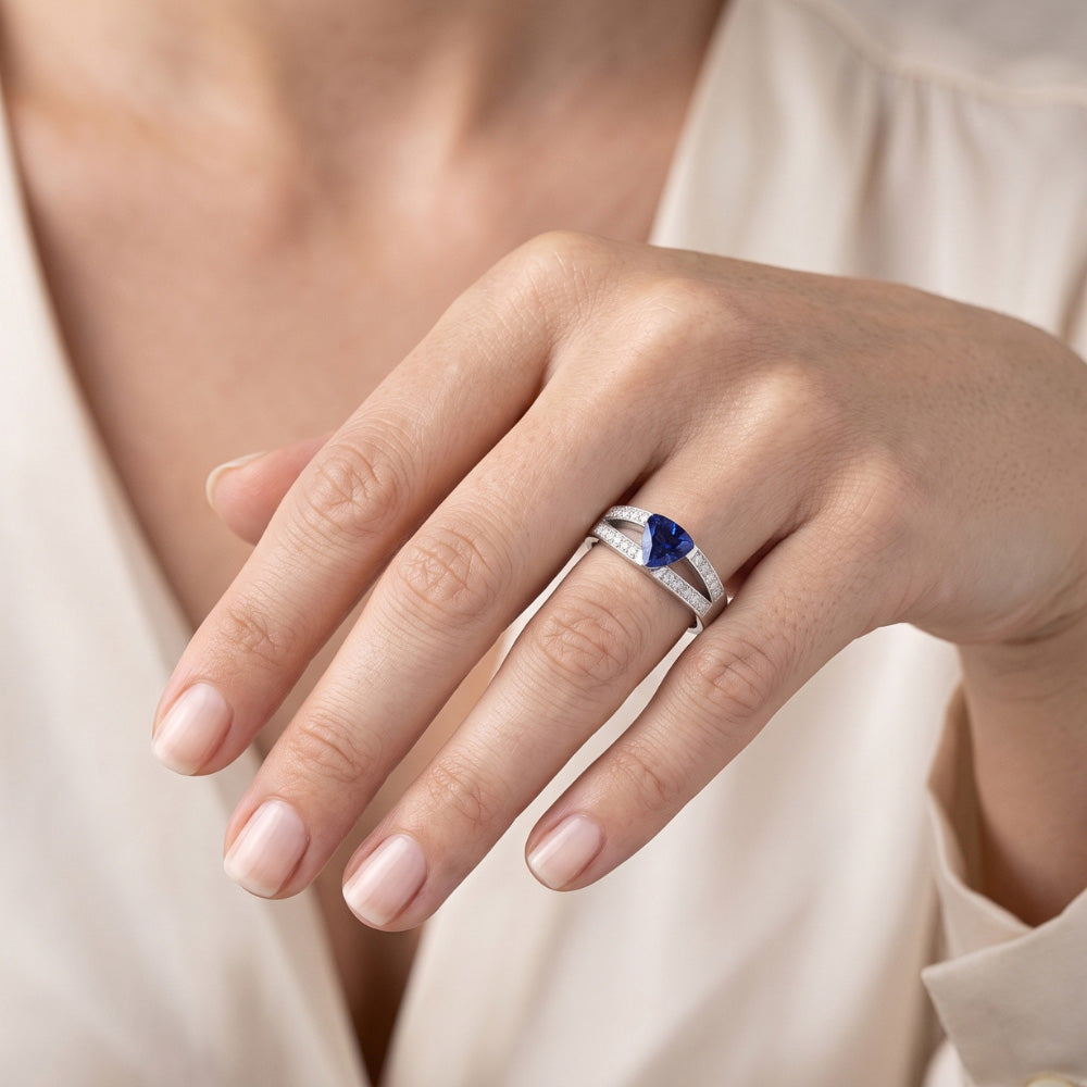 Blue Sapphire Gemstone Trillion Cut Ring 1 Carat Split Shank Natural Earth Mined Diamonds